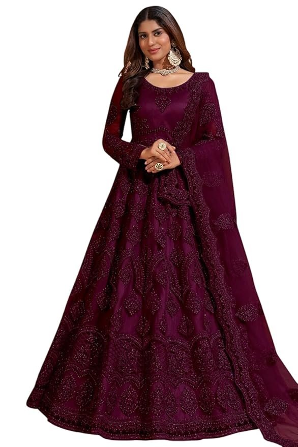 Women's Net Embroidered Semi-Stitched Gown - Embellished