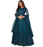 Women's Net Embroidered Semi-Stitched Gown  Gown-New(Teal Blue)
