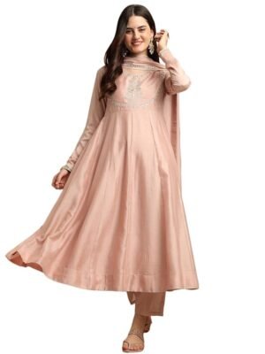 Women's Pink Silk Anarkali & Pant with Dupatta Set