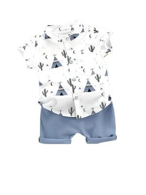 Kid Boy's Hosiery Cotton Blend Printed Cord Set with Mandarin Collar Short Sleeve Shirt and Side Pocket Elastic - Reva