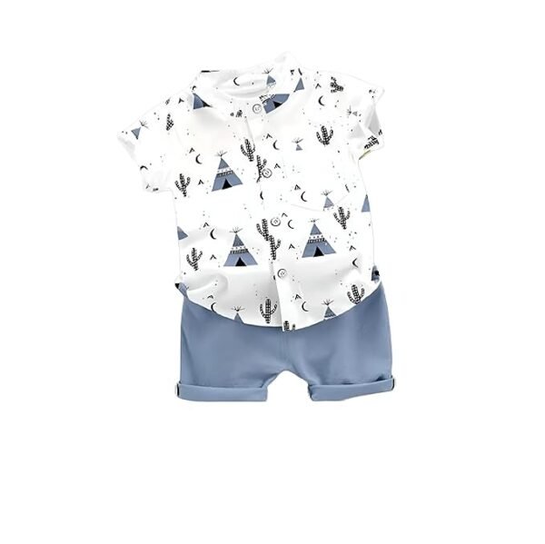 Kid Boy's Hosiery Cotton Blend Printed Cord Set with Mandarin Collar Short Sleeve Shirt and Side Pocket Elastic - Reva
