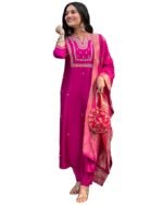 Women's Silk Blend Straight Embroidered Kurta with Pant & Dupatta