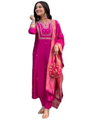 Women's Silk Blend Straight Embroidered Kurta with Pant & Dupatta