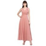Peach Flare Solid Pleated Neck Dress