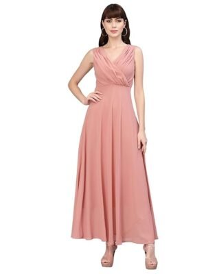 Peach Flare Solid Pleated Neck Dress