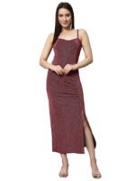 Party Dress for Women Bodycon | Shiny Lurex Fabric Shoulder Straps Front Slit Outfit