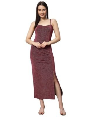 Party Dress for Women Bodycon | Shiny Lurex Fabric Shoulder Straps Front Slit Outfit
