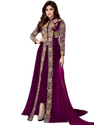 Women's Wine Embroidered Georgette Semi-Stitched Anarkali Gown with Dupatta
