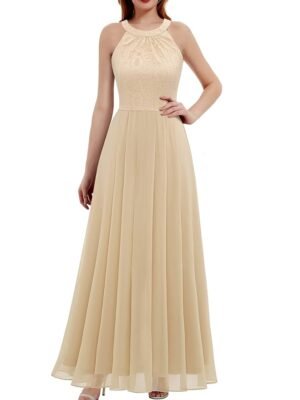 Women's Long Formal Dress Halter Lace Chiffon Dress Wedding Bridesmaid Party Gown