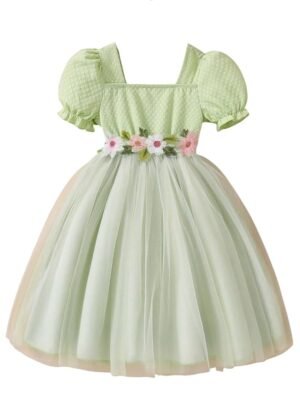 Girl's Pista Green Net Knee-Length Dress