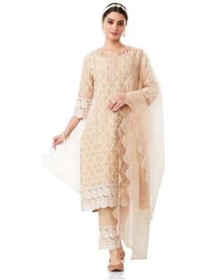 Women's Beige Embroidered Cotton Kurta Pant Set with Organza Dupatta