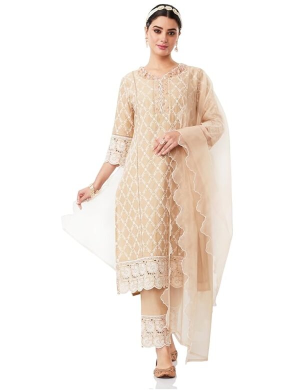 Women's Beige Embroidered Cotton Kurta Pant Set with Organza Dupatta