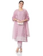 Women's Embroidered Cotton Kurta Pant Set with Organza Dupatta(Mauve)
