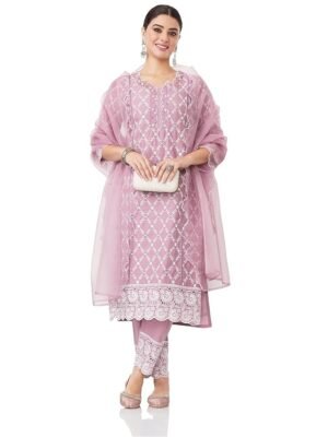 Women's Embroidered Cotton Kurta Pant Set with Organza Dupatta(Mauve)
