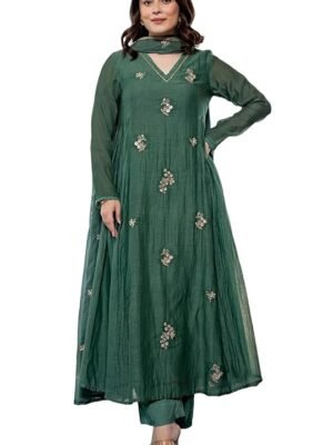 Women Green Embroidery Solid Anarkali Kurta and Pant Set with Dupatta