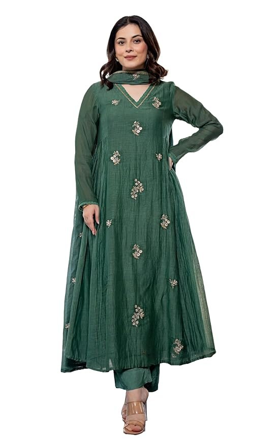Women Green Embroidery Solid Anarkali Kurta and Pant Set with Dupatta