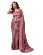 Women's Satin Silk Hot Fixing Stone Work Saree with Unstitched Blouse(Mauve Pink)
