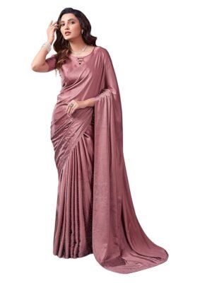 Women's Satin Silk Hot Fixing Stone Work Saree with Unstitched Blouse(Mauve Pink)