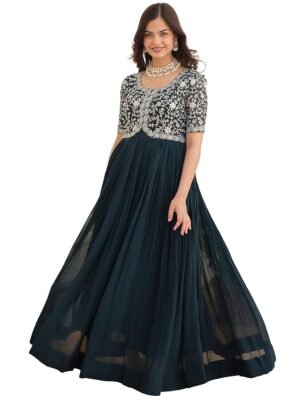 Turquoise Georgette Embroidered Anarkali Gown for Women