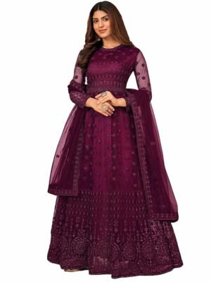 Women's Wine Net Embroidered Semi-Stitched Gown Gown-New