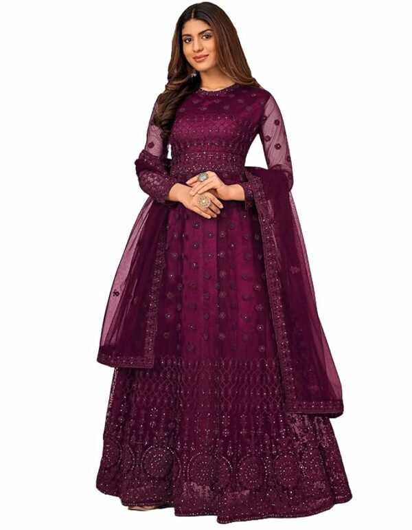 Women's Wine Net Embroidered Semi-Stitched Gown Gown-New