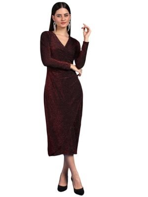 Women's Maroon Stylish Casual Evening Textured Full Sleeve V-Neck Bodycon Body Fitted Midi Dress