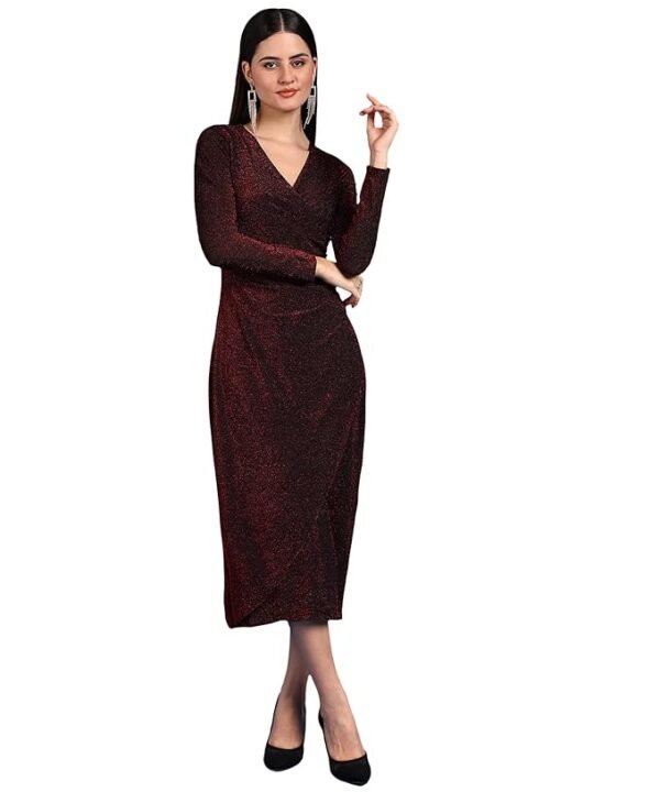Women's Maroon Stylish Casual Evening Textured Full Sleeve V-Neck Bodycon Body Fitted Midi Dress