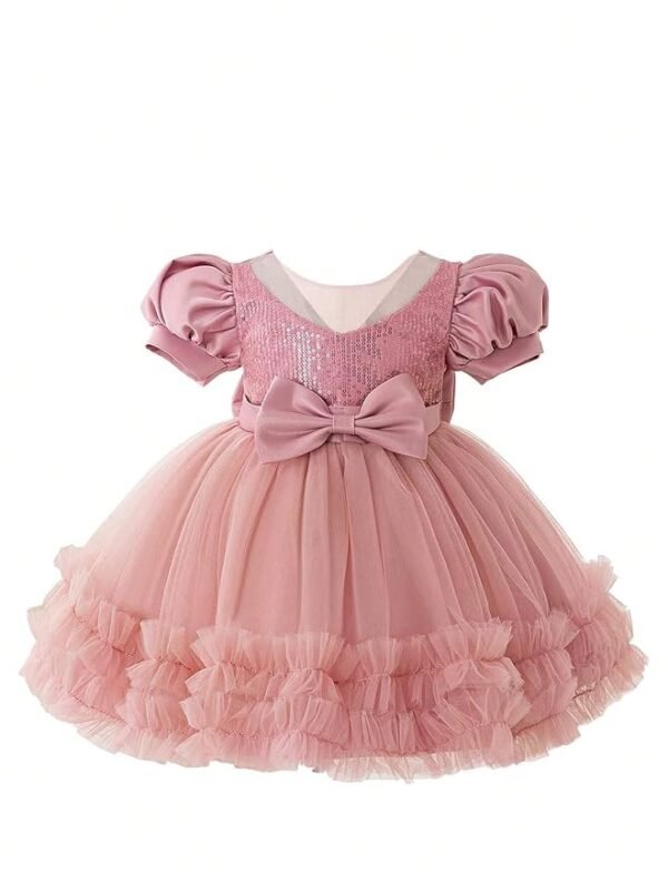 Orange Net Embroidery Work Ruffle Patterned Flared Short Sleeve Girl Frock