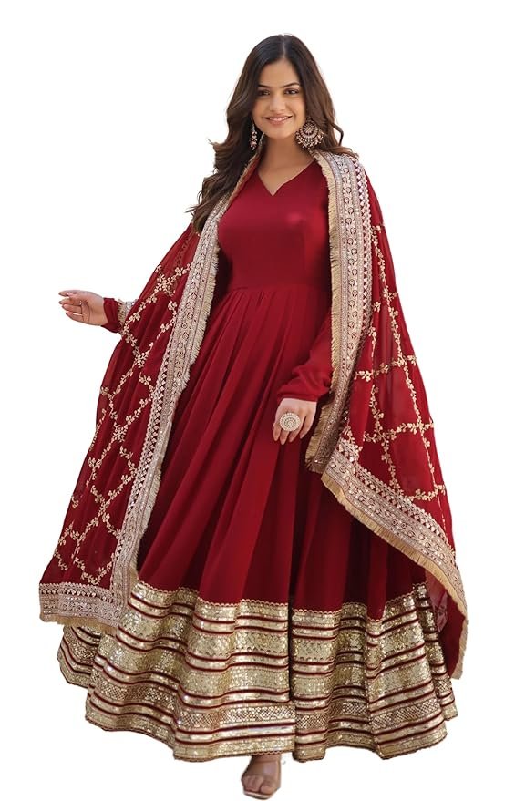 Maroon Georgette Solid Anarkali Dress for Women