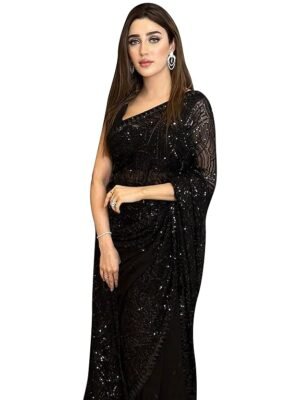Women's Georgette Sequence Embroidery Work Saree with Blouse Piece