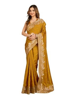 Women's Yellow Art Silk Sequin Embroidery Work Saree with Unstitched Blouse Piece