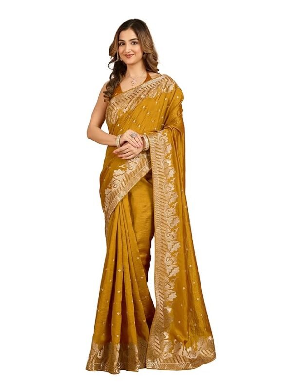 Women's Yellow Art Silk Sequin Embroidery Work Saree with Unstitched Blouse Piece