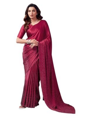 Women's Satin Silk Hot Fixing Stone Work Saree with Unstitched Blouse(Maroon)