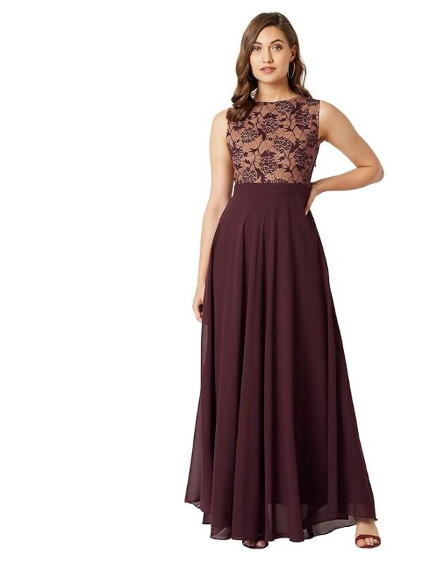 Women's Beige Brick Red & Dusty Green Boat Neck Sleeveless Self Design Lace Overlaid Regular Dress