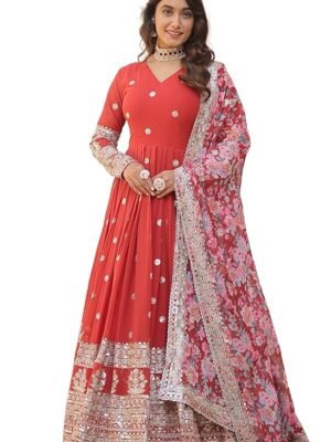 Red Georgette Embroidered Long Anarkali