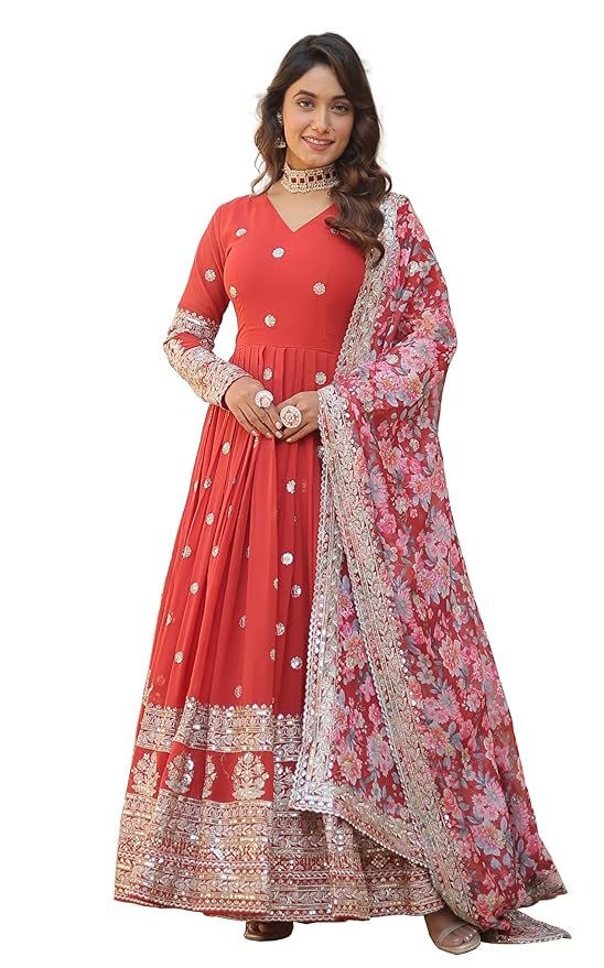 Red Georgette Embroidered Long Anarkali