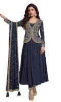 Women's Blue Silk Blend Embroidery Alia Cut Kurta Pant Set with Dupatta