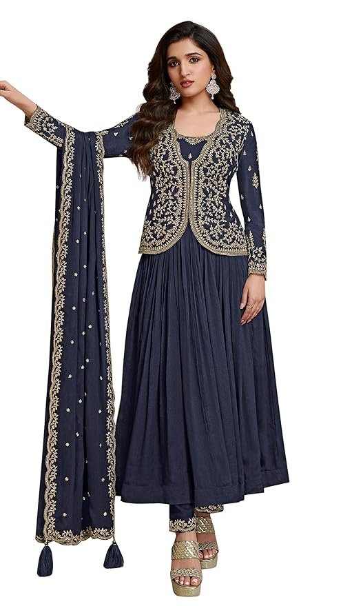 Women's Blue Silk Blend Embroidery Alia Cut Kurta Pant Set with Dupatta