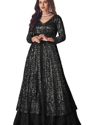 Black Straight Suit for Women | Georgette & Santoon Straight Suit | Semi-Stitched Gown