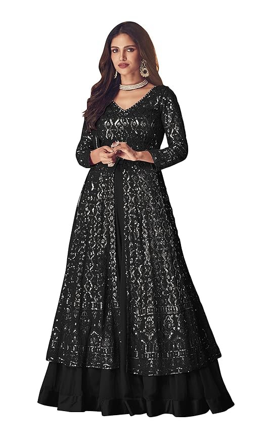 Black Straight Suit for Women | Georgette & Santoon Straight Suit | Semi-Stitched Gown