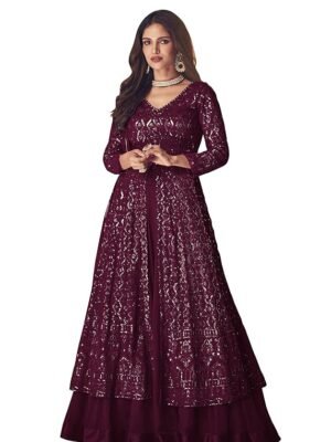 Wine Straight Suit for Women | Georgette & Santoon Straight Suit | Semi-Stitched Gown