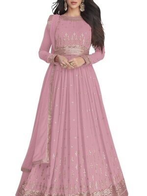 Pink Georgette Embroidered Semi-Stitched Gown for Women