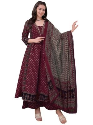 Women's Wine Anarkali Kurta Set with Dupatta | Pure Cotton Suit Set for Women | Ajrakh Print Kurta Palazzo Dupatta Set