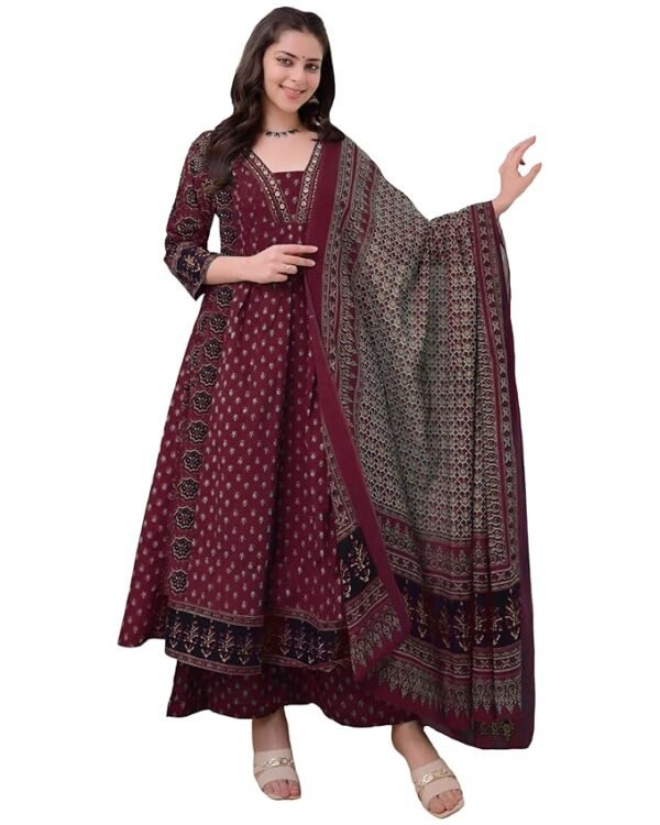 Women's Wine Anarkali Kurta Set with Dupatta | Pure Cotton Suit Set for Women | Ajrakh Print Kurta Palazzo Dupatta Set