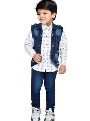 Kids Cotton Blend Full Sleeve Shirt & Denim Jeans Clothing Set for Boys - Casual Wear | Festival Wear For Boys