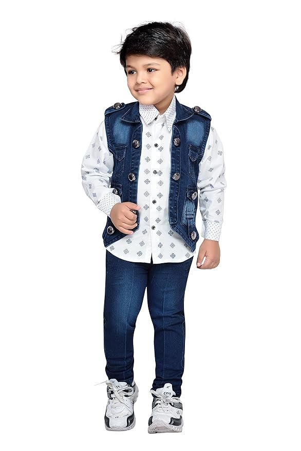 Kids Cotton Blend Full Sleeve Shirt & Denim Jeans Clothing Set for Boys - Casual Wear | Festival Wear For Boys