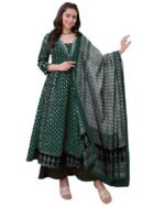Women's Green Anarkali Kurta Set with Dupatta | Pure Cotton Suit Set for Women | Ajrakh Print Kurta Palazzo Dupatta Set