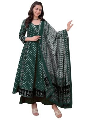 Women's Green Anarkali Kurta Set with Dupatta | Pure Cotton Suit Set for Women | Ajrakh Print Kurta Palazzo Dupatta Set