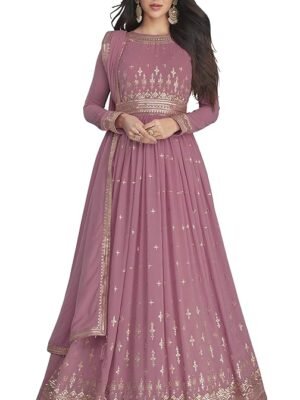 Lavender Georgette Embroidered Semi-Stitched Gown for Women