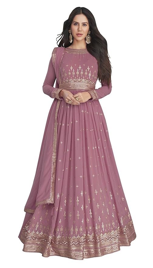 Lavender Georgette Embroidered Semi-Stitched Gown for Women